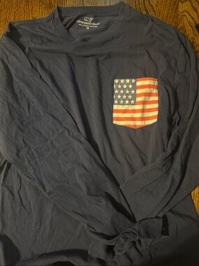Vineyard Vines Navy Long-Sleeve Pocket Tee with American Flag Pocket